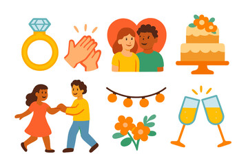 Engagement Celebration Icons. Flat vector mini-illustrations Engagement party with friends in colors