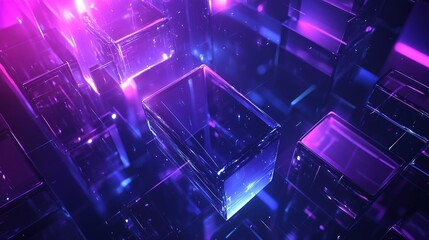 Fototapeta premium Abstract background with glowing purple and blue geometric shapes, glowing light effects, futuristic design elements, and dark tones creating an atmosphere of mystery and technology. The use of light 