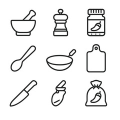 Spicy Cooking Tools Icons. Outline icon set of spicy cooking tools: mortar and pestle, spice grinder, chili flakes jar, oil bottle