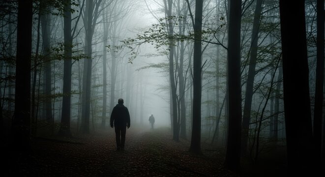 Two figures walking on a path through a dark, foggy forest in autumn