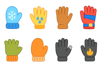 Fototapeta premium Colorful Seasonal Gloves. Flat vector mini-illustrations seasonal gloves in colors children's illustrations: snow gloves, rain