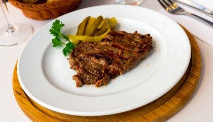 Grilled steak on a plate with pickles and parsley