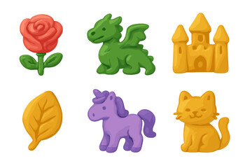 Fototapeta premium Colorful Wax Sculptures. Flat vector mini-illustrations artistic wax sculptures in colors children's illustrations: wax rose, wax