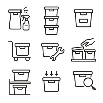 Storage Bin Icons. Outline icon set of storage bin maintenance: cleaning, stacking, labeling, moving, repairing, organizing,