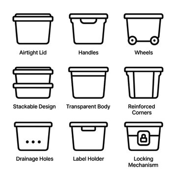 Storage Bin Icon Set. Outline icon set of storage bin features: airtight lid, handles, wheels, stackable design, transparent body,