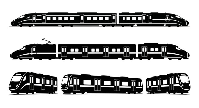 Three different train silhouettes, including high-speed rail and subway cars, depicted in black against a white background.