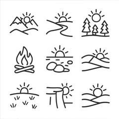 Fototapeta premium Sunset Landscape Icons. Outline icon set of sunset landscape: mountain range, valley, river bend, tree line, campfire glow, rocky