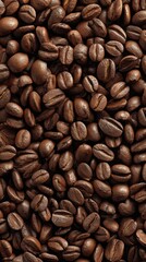 Fototapeta premium Roasted Coffee Beans: An eye-level view unveils a cascade of meticulously roasted coffee beans, each possessing a rich, brown hue. Generative AI