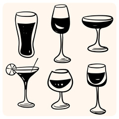 Hand-drawn cocktail and wine glasses doodles.