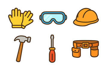 Fototapeta premium Tool Safety Icons. Flat vector mini-illustrations tool safe handling in colors children's illustrations: safety gloves, goggles,