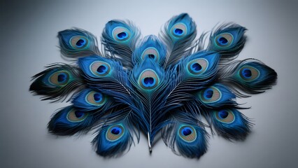 Obraz premium Symmetrical Arrangement of Peacock Feathers Displaying Vibrant Blue and Green Patterns