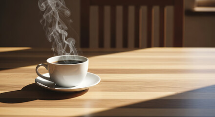Obraz premium Steaming cup of coffee on a wooden table bathed in sunlight morning ambiance
