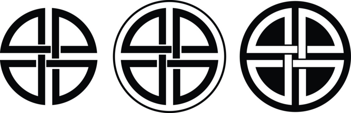 Shield knot icons set in flat styles. Collection and group of Celtic knot, endless knot, protective symbol, ancient ornament, mystical pattern, tribal talisman and decorative emblem vector.