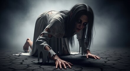 A terrifying woman crawling on the ground in a dark, smoky, and eerie atmosphere