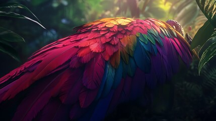 Obraz premium Vibrant Macaw Feather Detail in Lush Rainforest Sunlight.