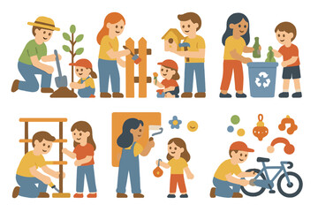 Family Weekend Activities. Flat vector mini-illustrations weekend family projects in colors children's