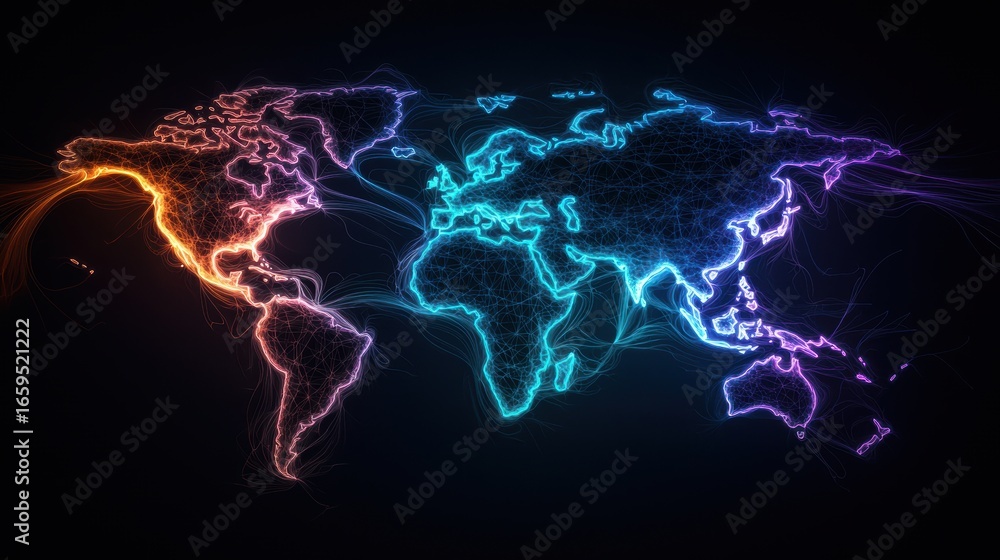 Poster global network digital rendering of a world map with colorful, flowing lines, indicating data transf