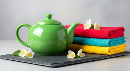 Vibrant Tea Still Life: Jade Green Teapot & Colorful Towels