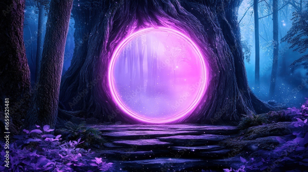 Poster neon fantasy portal a luminous neon gateway hovering in a misty, enchanted cave, its colors blending