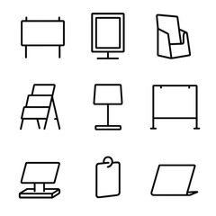 Acrylic Signage Icons. Outline icon set of acrylic signage and displays: signboard, poster frame, brochure holder, display stand,
