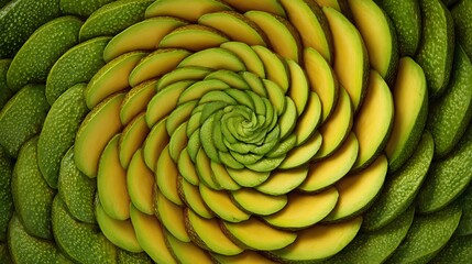 Spiral avocado arrangement; whole and sliced fruits create a mesmerizing pattern
