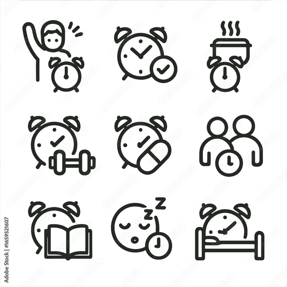 Poster alarm clock icon set. outline icon set of alarm clock usage scenarios: waking up, reminders, cooking