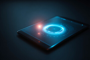 Modern tablet displaying a glowing blue circle of digital information and futuristic tech innovations on a dark screen