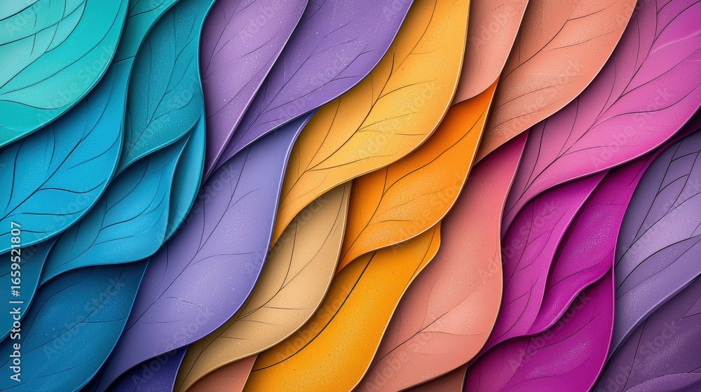 Poster vibrant colorful abstract layers of overlapping colorful patterns and textures, forming a bold and e