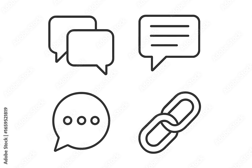 Poster simple line icons of speech bubbles and chain link symbol on white background