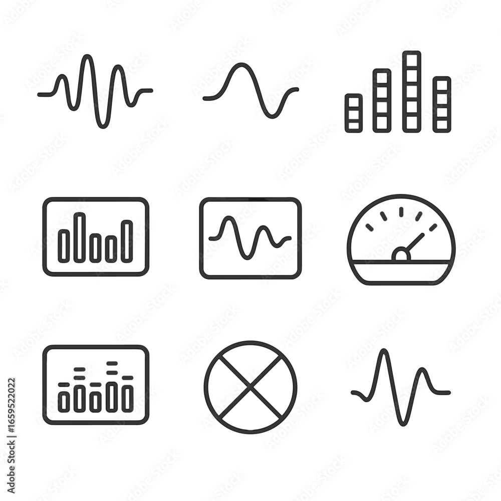 Poster audio icon grid. outline icon set of stereo audio visualization: waveform, frequency spectrum, sound