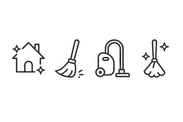 Simple line icons of house cleaning tools and equipment