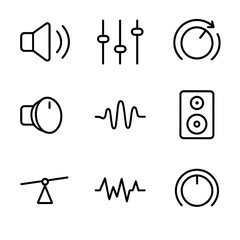 Audio Tuning Icons. Outline icon set of audio tuning: volume control, equalizer, bass boost, treble control, sound wave, stereo