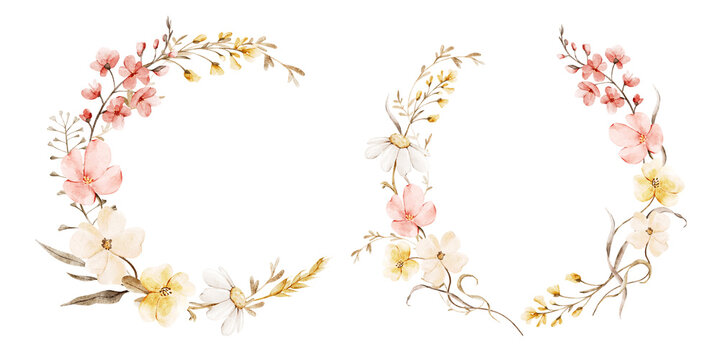 Watercolor collection of wildflower wreaths with delicate blossoms and meadow herbs. Isolated floral clipart perfect for wedding invitations, stationery, scrapbooking, posters and countryside decor