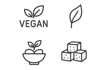Minimalist vegan icons featuring leaf, salad bowl, and tofu cube designs