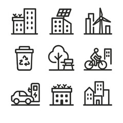 Fototapeta premium Green City Icons. Outline icon set of green city skyline: rooftop garden, solar panel, wind turbine, recycling bin, tree, park,