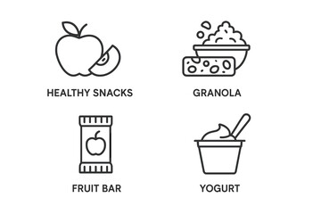 Fototapeta premium Healthy snacks icons: apple, granola, fruit bar, yogurt illustrations