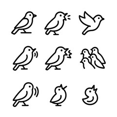 Fototapeta premium Bird Call Icons. Outline icon set of bird call behaviors: bird perched, open beak, flying bird, mating call, alarm call, flock