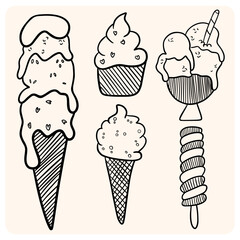 Hand-drawn ice cream and dessert doodles.