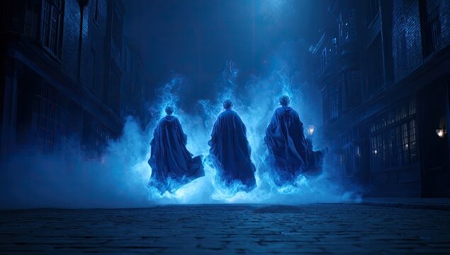 Mystical figures levitating, cobblestone alley at night, magical mist - Powered by Adobe