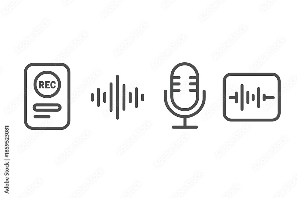 Poster audio recording icons set featuring microphone and sound wave symbols