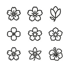 Blossom Icon Set. Outline icon set of blossom types: cherry blossom, apple blossom, magnolia, dogwood, peach blossom, plum blossom