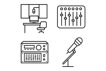 Minimalist line art of audio recording studio equipment with microphone and mixer