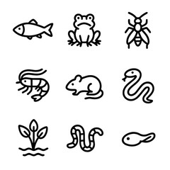 Heron Diet Icons. Outline icon set of heron diet: fish, frogs, insects, crustaceans, small mammals, reptiles, aquatic plants,