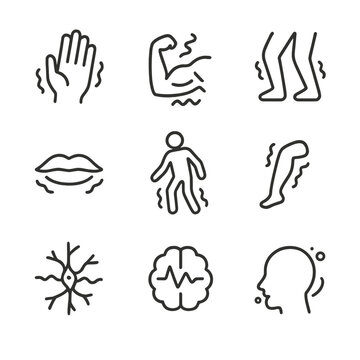 Body Tremor Icons. Outline icon set of body tremor symptoms: shaking hands, muscle spasm, restless legs, trembling lips, unstable