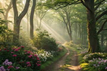 misty morning in the park, sunrays through trees, forest sunrise, misty forest