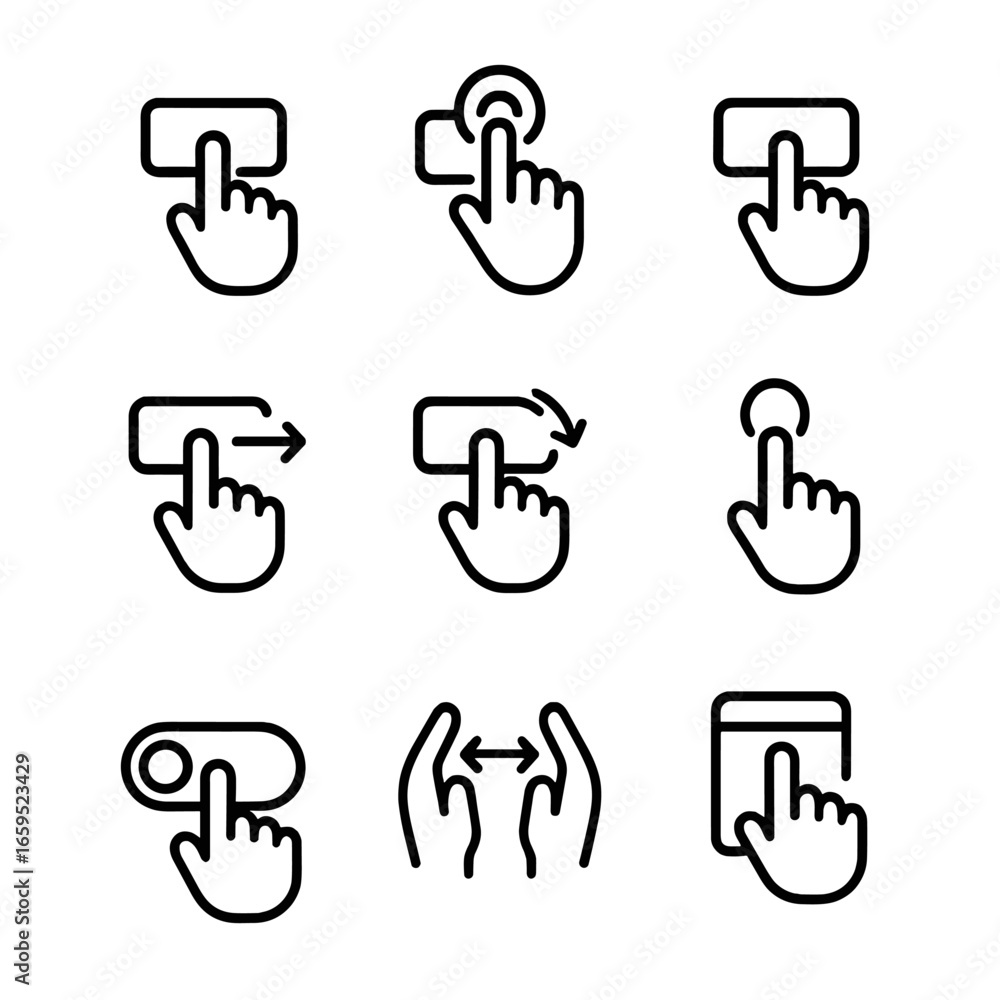 Poster button interaction icons. outline icon set of button interactions: click, double click, long press, 