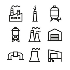Industrial Icon Set. Outline icon set of industrial infrastructure: factory building, smokestack, storage tank, water tower, power