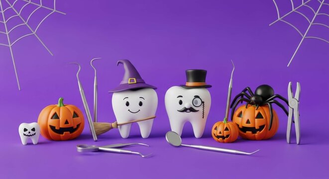 Whimsical halloween dental theme with spooky decorations and cartoonish teeth characters