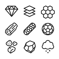 Carbon Forms Icons. Outline icon set of carbon forms: diamond, graphite, graphene, charcoal, carbon nanotube, fullerene, activated