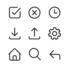 Interface Button Icons. Outline icon set of interface buttons: submit, cancel, reset, download, upload, settings, home, search,